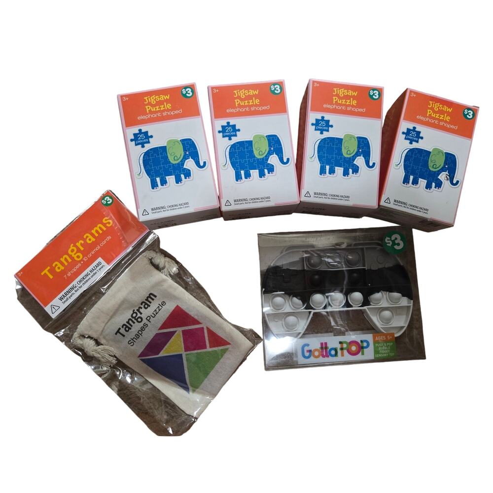 Lot of Party Favors & Games - Puzzles, Tangram Set, and Pop it